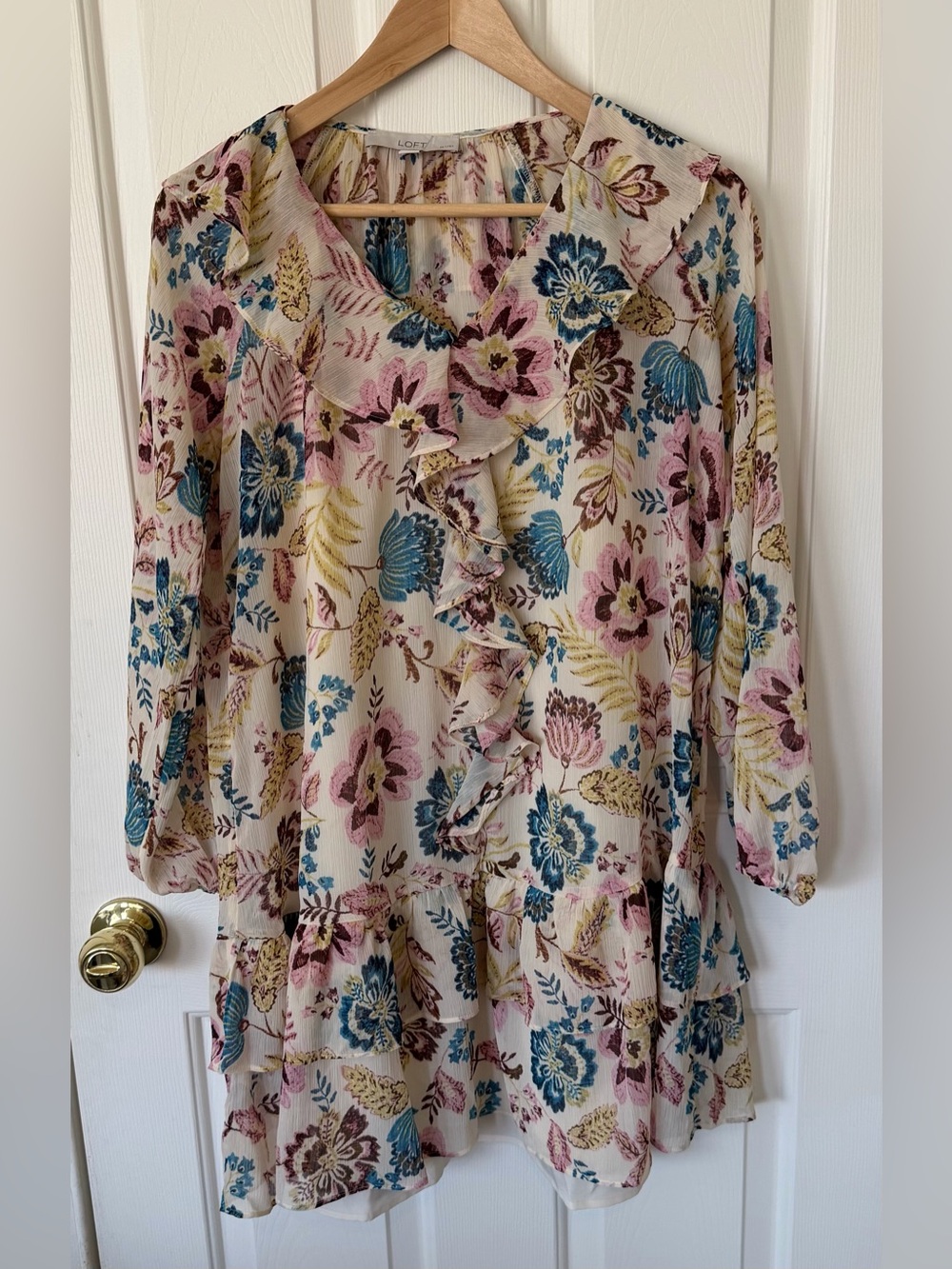 LOFT Cream Floral Ruffle Midi Dress with Pink & Blue Blooms